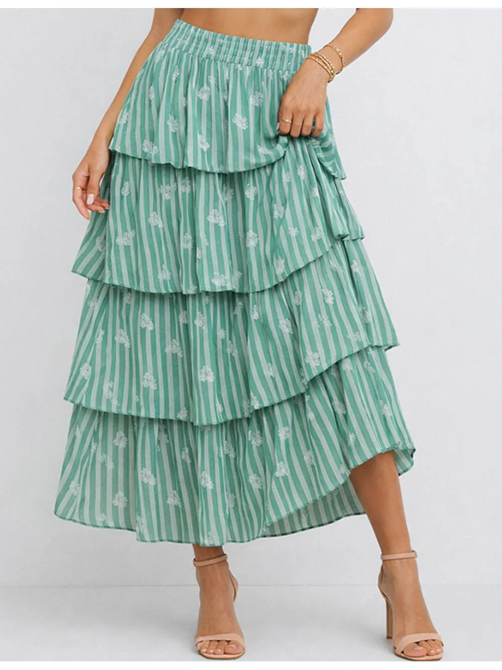 St Patrick Day Shamrock Tiered Ruffle Maxi Skirt