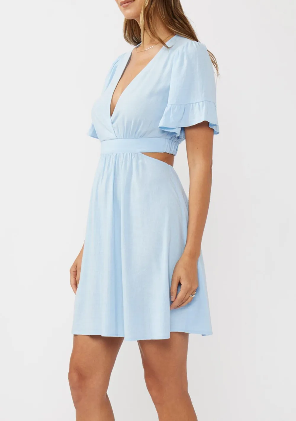 Ruffle Cutout Waist V-Neck Dress