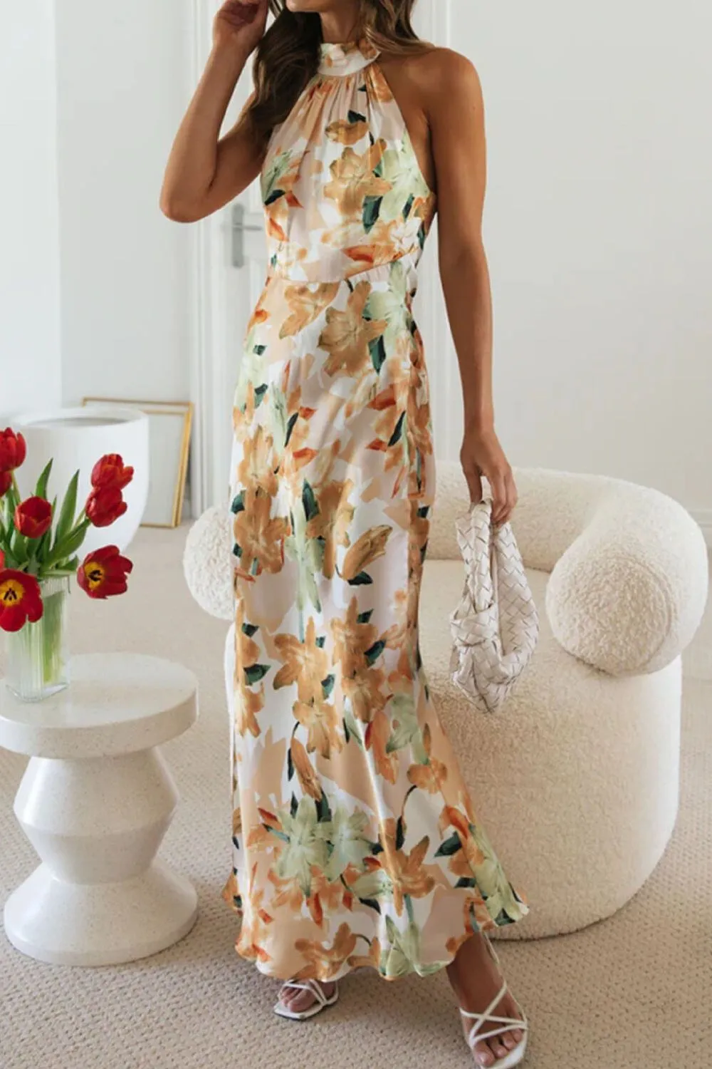 Soft Floral Print Halter Neck Maxi Dress