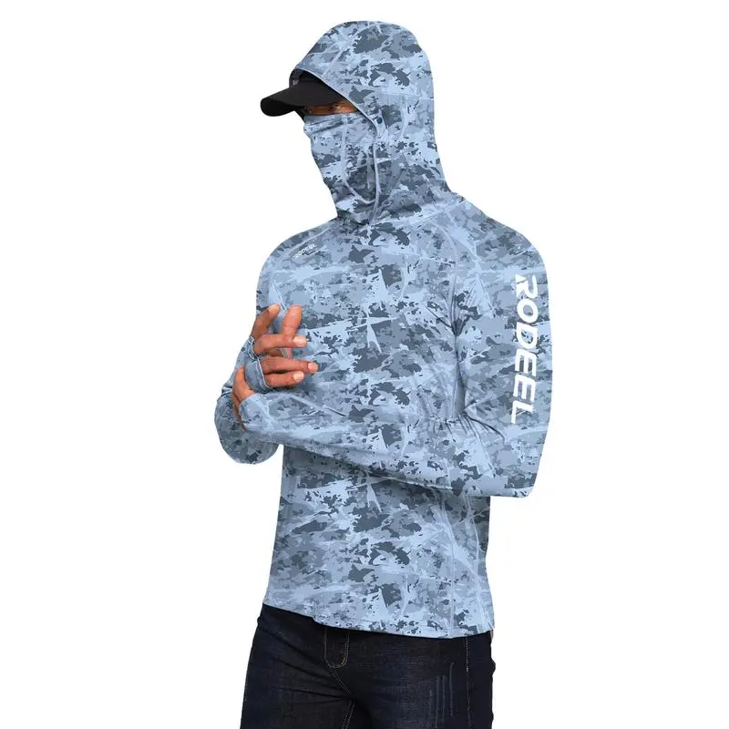 Sun Hoodie Shirt w/ UV Detection Mask Neck Gaiter Thumbhole Men UPF 100+ Sun Protection Raglan Long Sleeve Lightweight Quick Dry Moisture Wicking Breathable Cooling Athletic Activewear for Outdoor Hiking Fishing Construction Roofing Landscaping