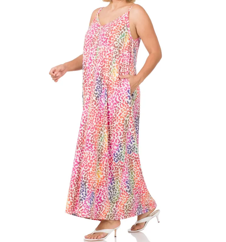Women's Adjustable-Strap Pocketed V-Neck Leopard-Print Maxi Dress