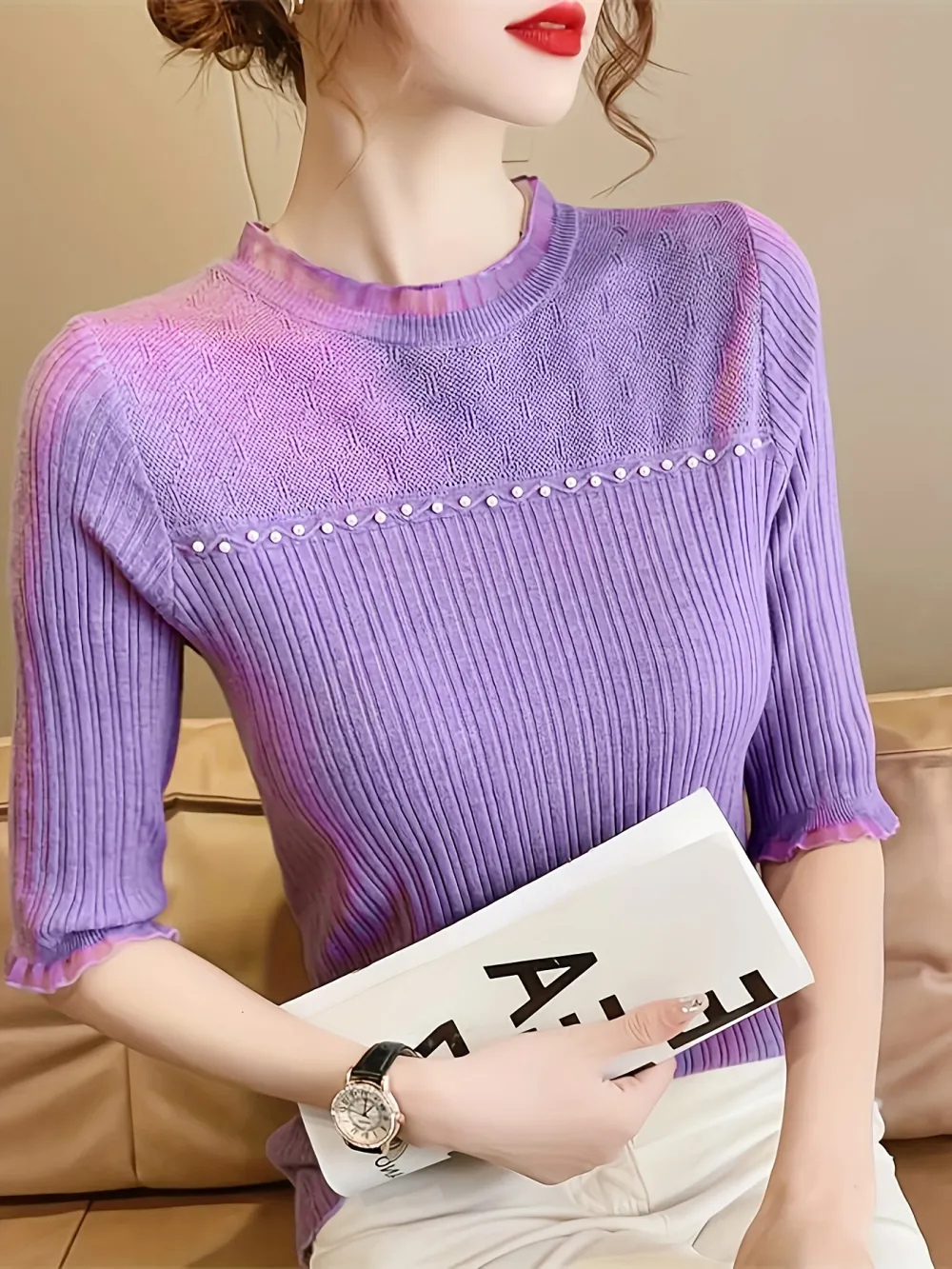Beaded Lace Trin Knitted Top Casual Short