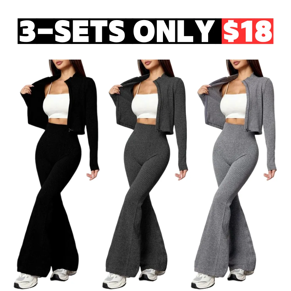 Women's Two-Piece Set, Autumn Winter Knit Ribbed Jacket & High-Waisted Flare Pants
