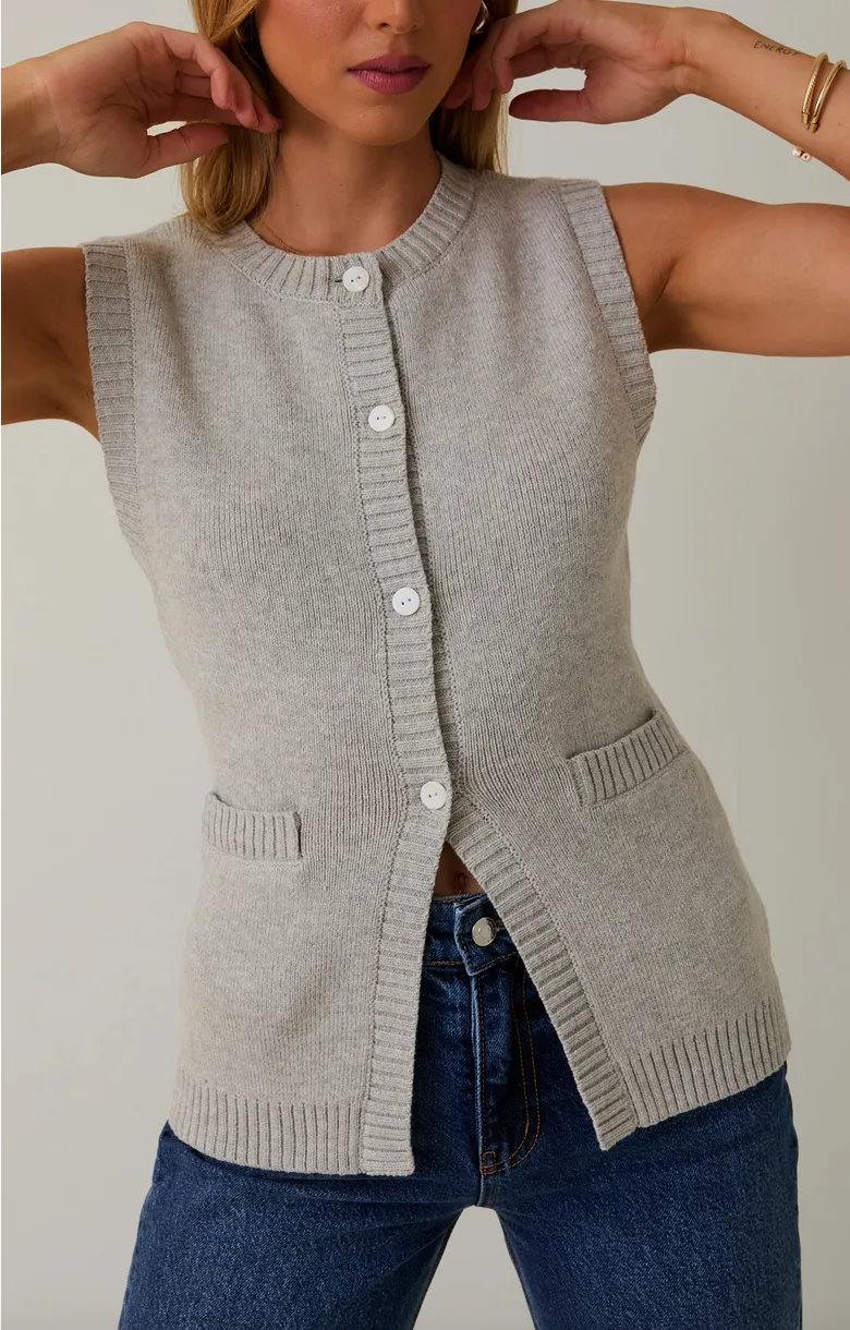 Heather Grey Sleeveless Button Front Knit Vest