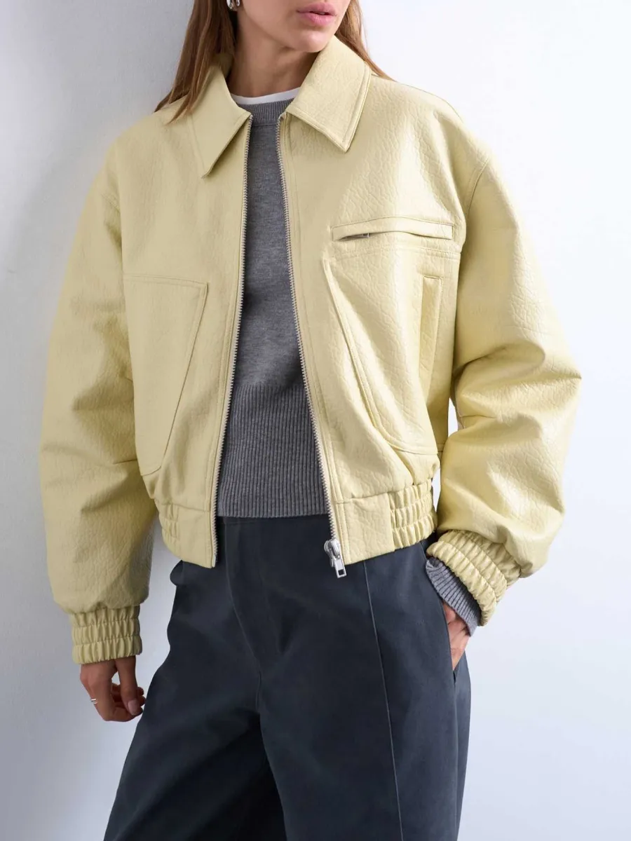 Leather Ruched Zip Up Jacket