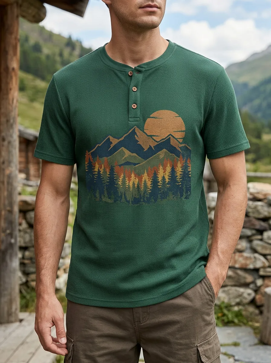 Men's Modern Outdoor Nature Lover Mountain Forest Sunset Henley T-Shirt