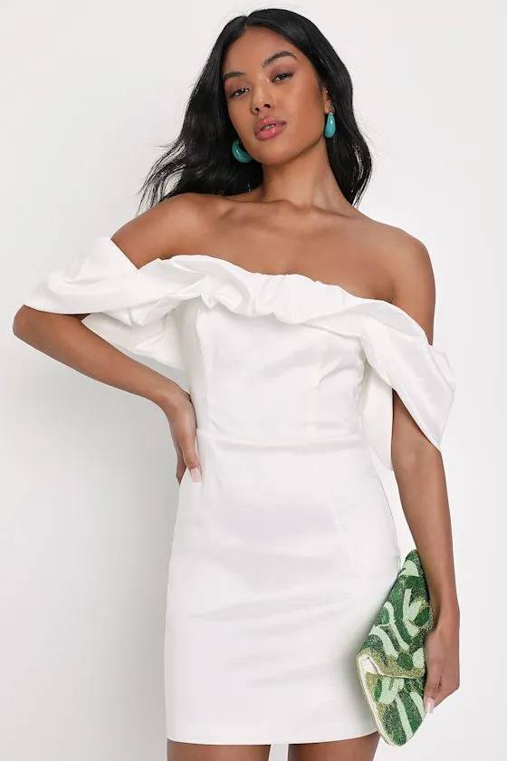 Fanciful Feat White Taffeta Off-the-Shoulder Bodycon Mini Dress