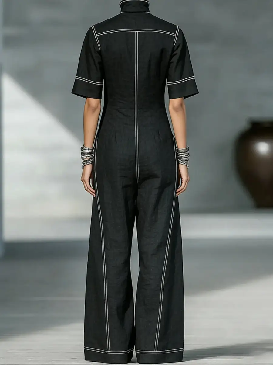 Losse Jumpsuits Met Korte Mouwen Zakken Effen Kleur