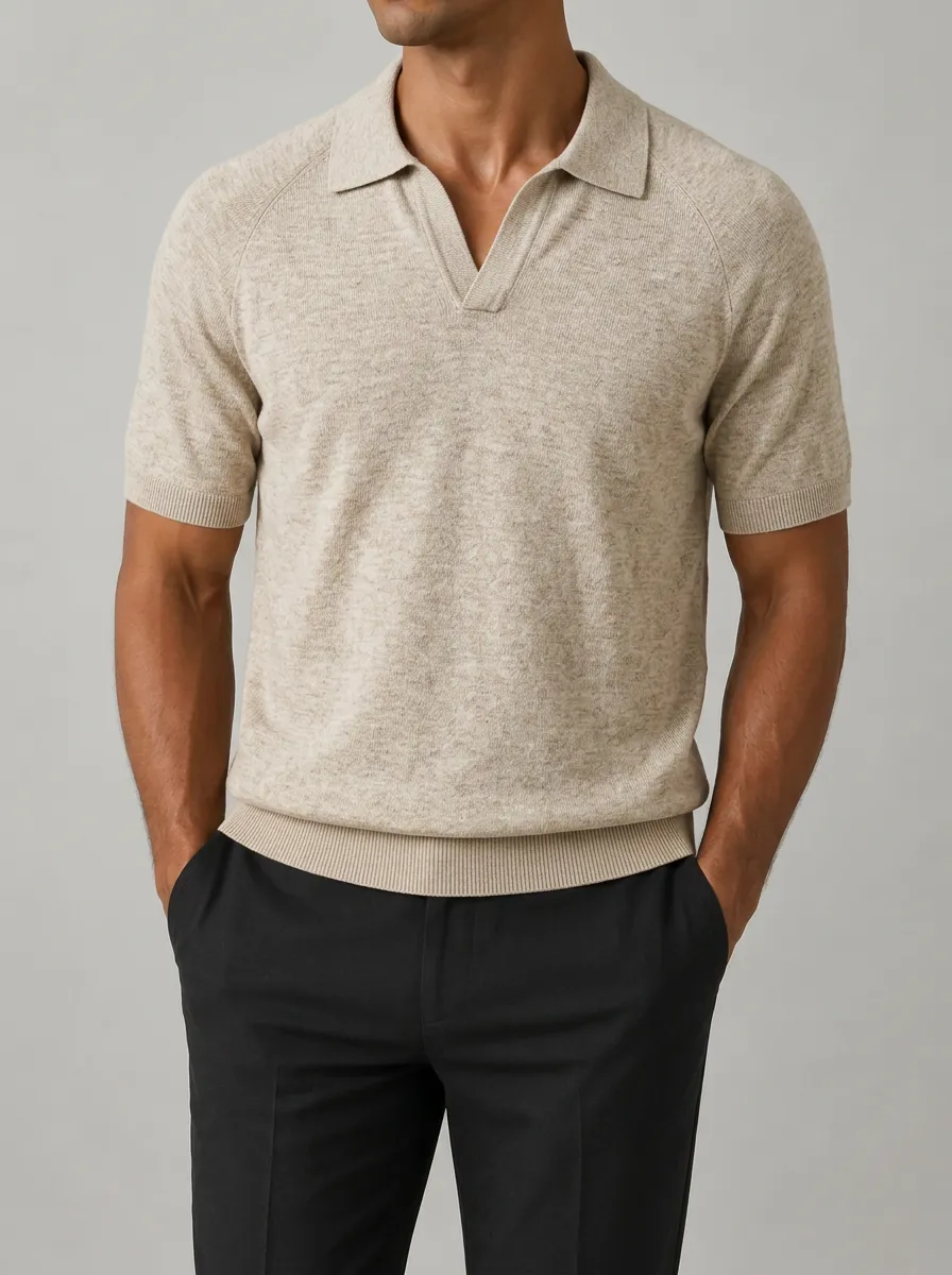 Men's Casual Minimalist Beige Knit V-Neck Polo Shirt