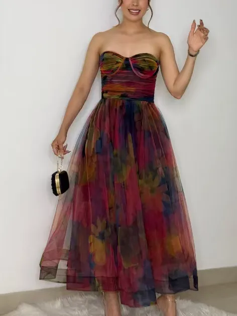 Elegant Fantasy Tulle Floral Print Midi Dress