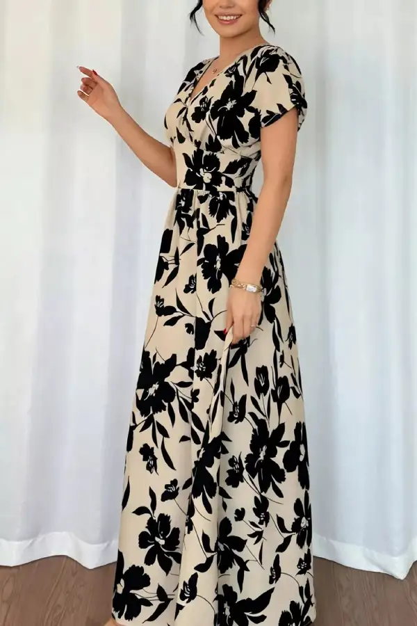 Botanical Print Short Sleeve A-Line Maxi Dress