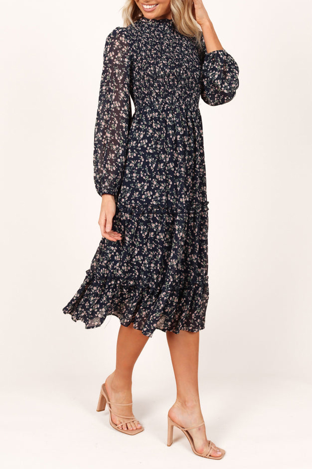 NAVY FLORAL SHIRRED FRILL LONG SLEEVE MIDI DRESS