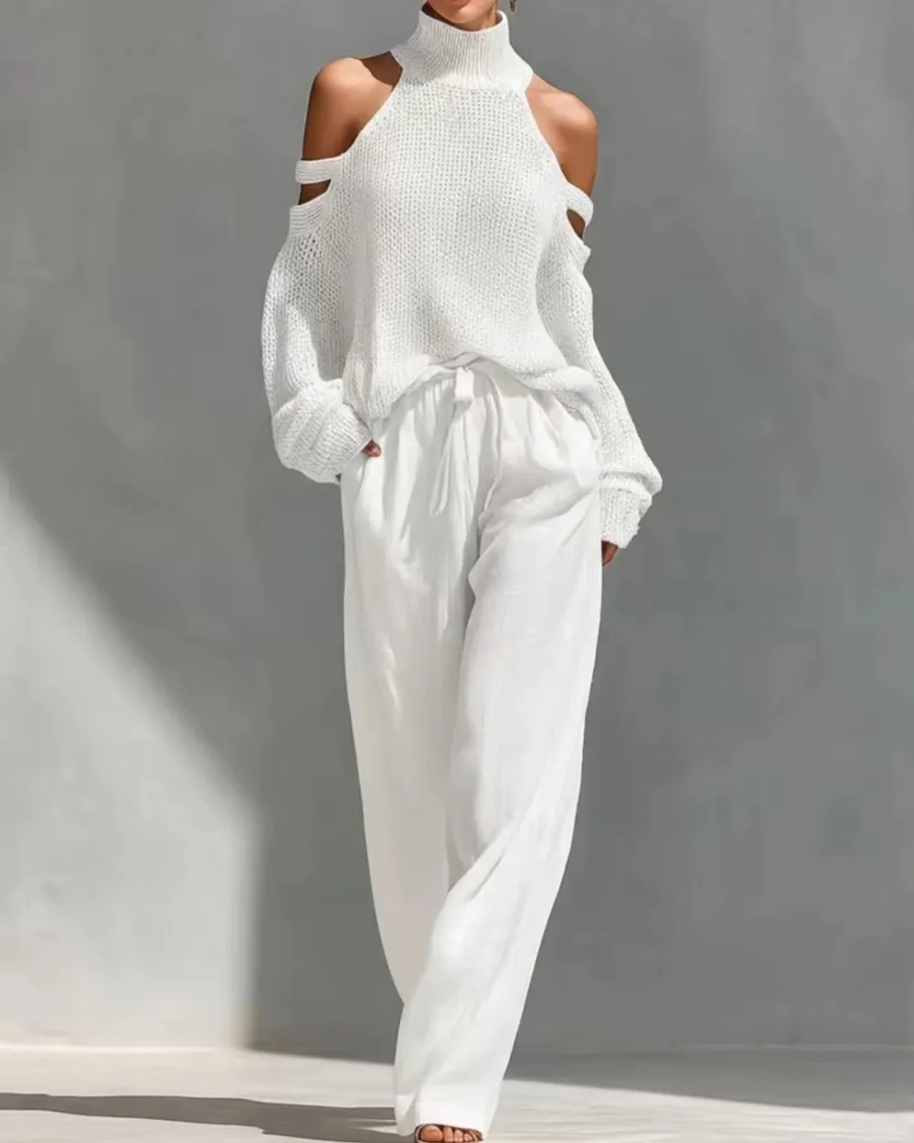 Knit Cold-Shoulder Turtleneck Wide-Leg Pants Set