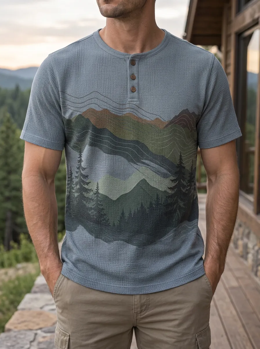 Men's Modern Nature Lover Mountain Forest Henley T-Shirt