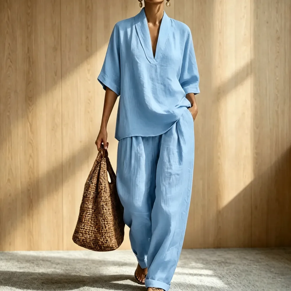 2026 New Relaxed Henley Top and Wide-Leg Pants Co-Ord Set