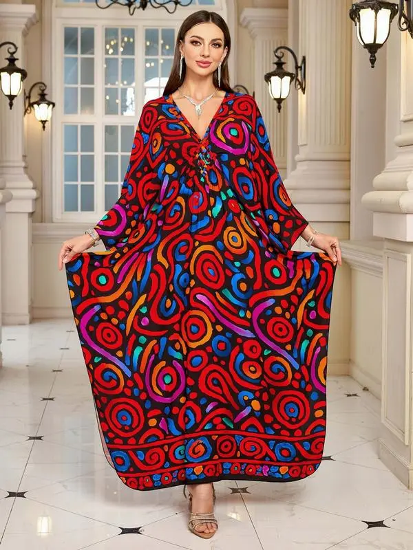 Women’s Boho Maxi Kaftan Dress – Long Sleeve Beach & Vacation Outfit