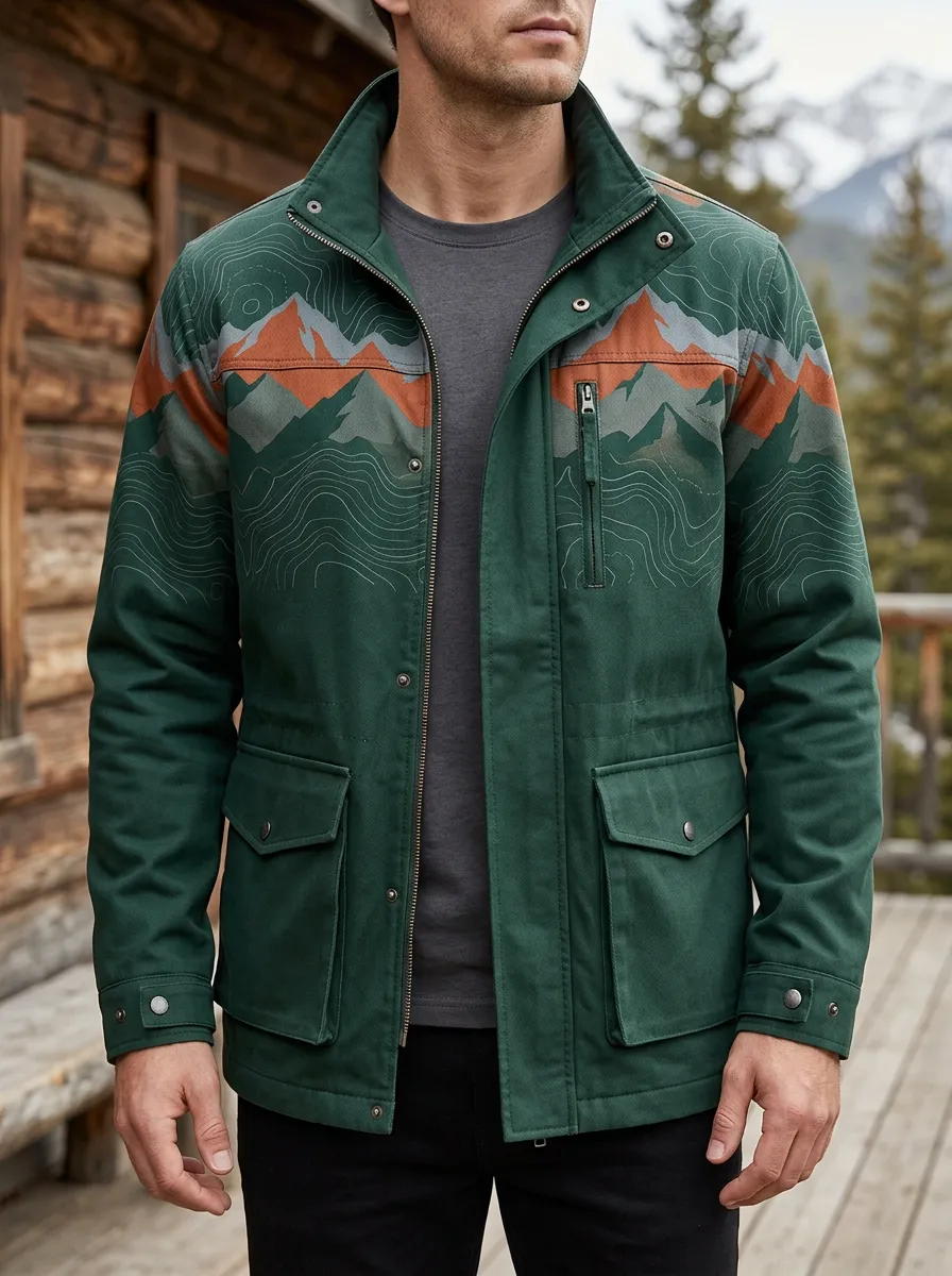 Men's Outdoor Adventure Mountain Topographic Printed Jacket
