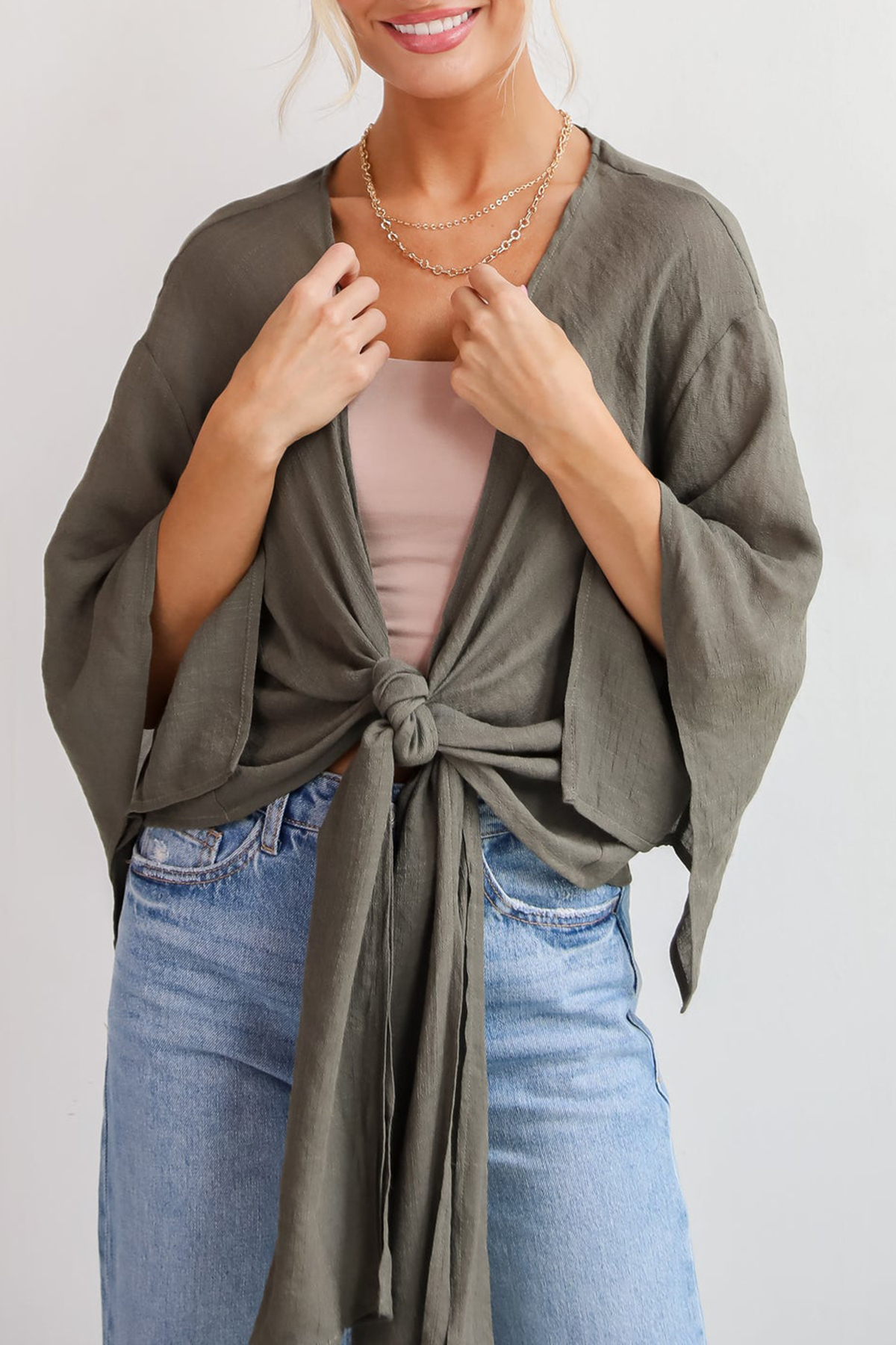 Enchanting Presence Olive Tie-Front Blouse