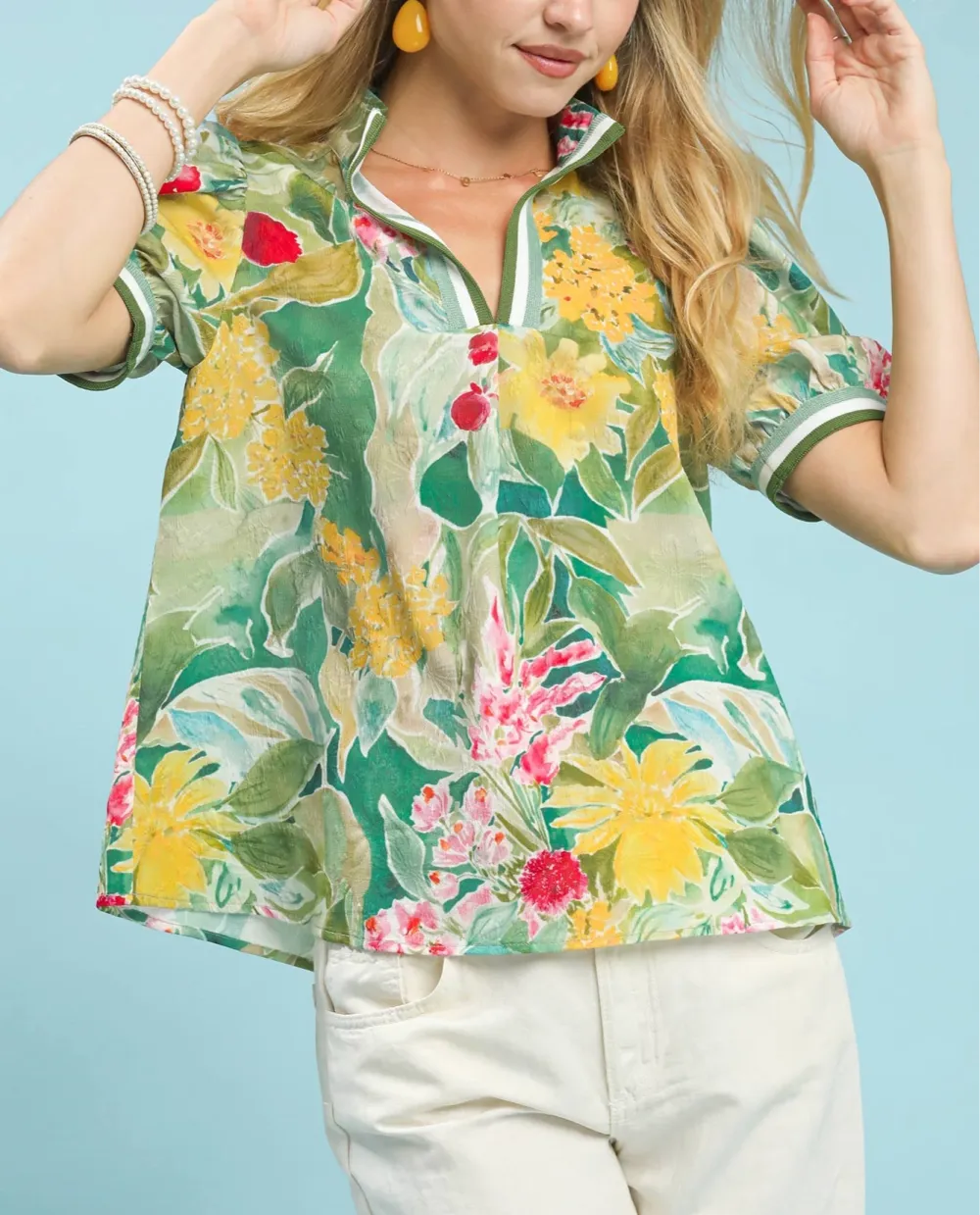 Jacquard Bloomscape Print V-Neck Top With Ruched Detail