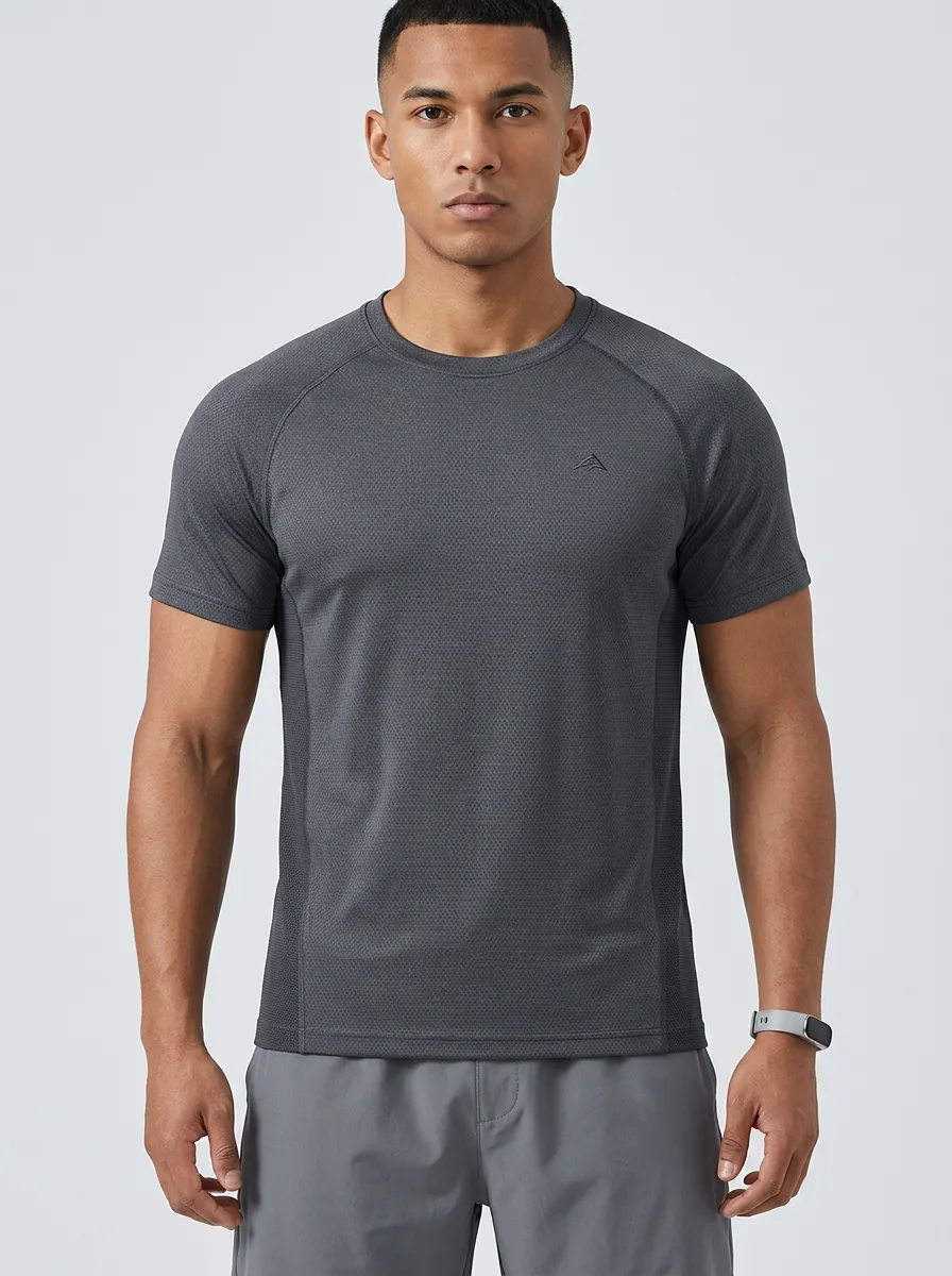 Men's Active Emblem Athletic Mesh Textured Raglan Performance Sport Crewneck T-Shirt
