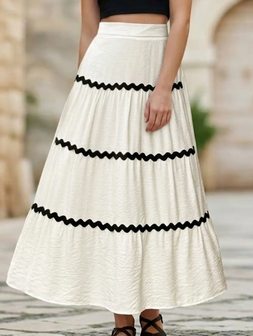 Block Elastic Waist Midi Skirt