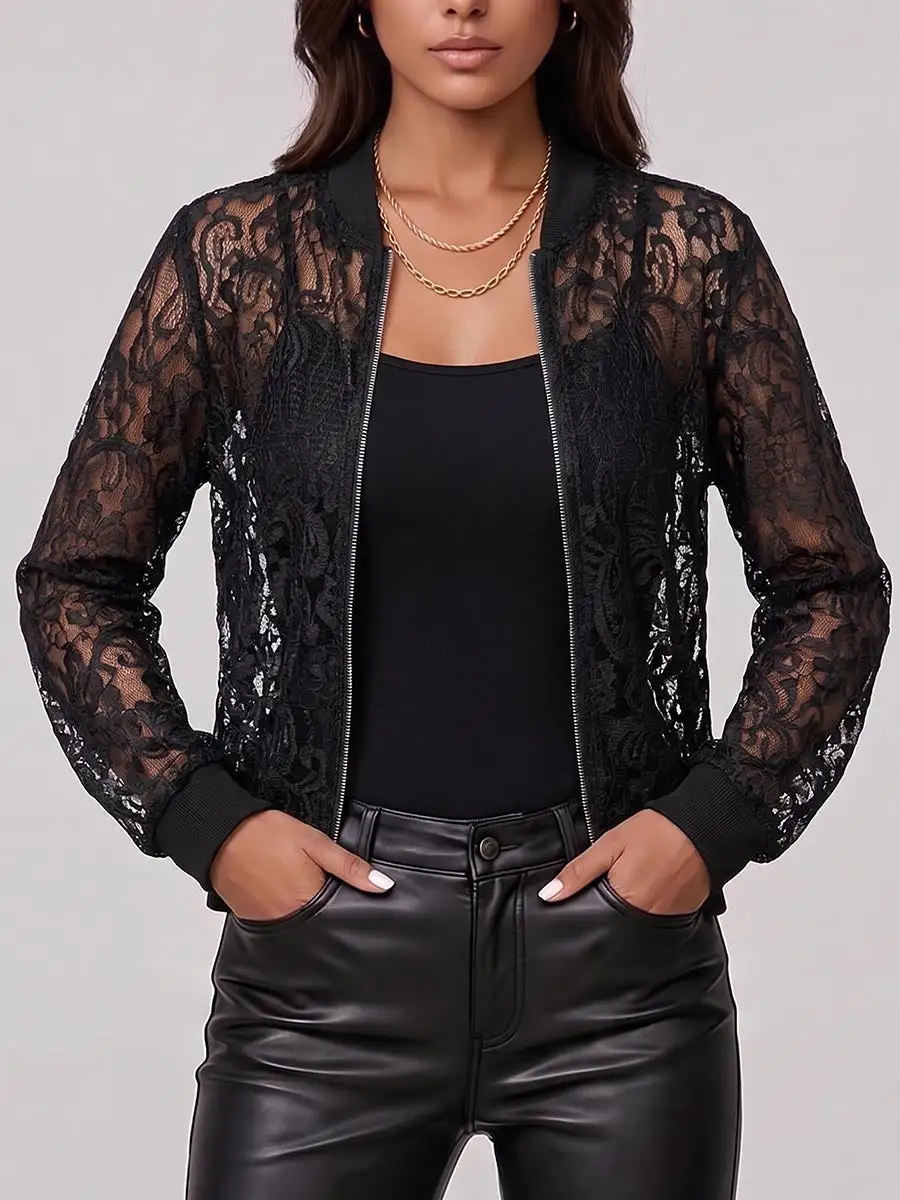 Women S Solid Color Stand Collar Long-sleeved Casual Loose Lace Jacket