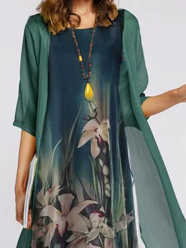Round Neck Loose Casual Floral Print Suit Midi Dress