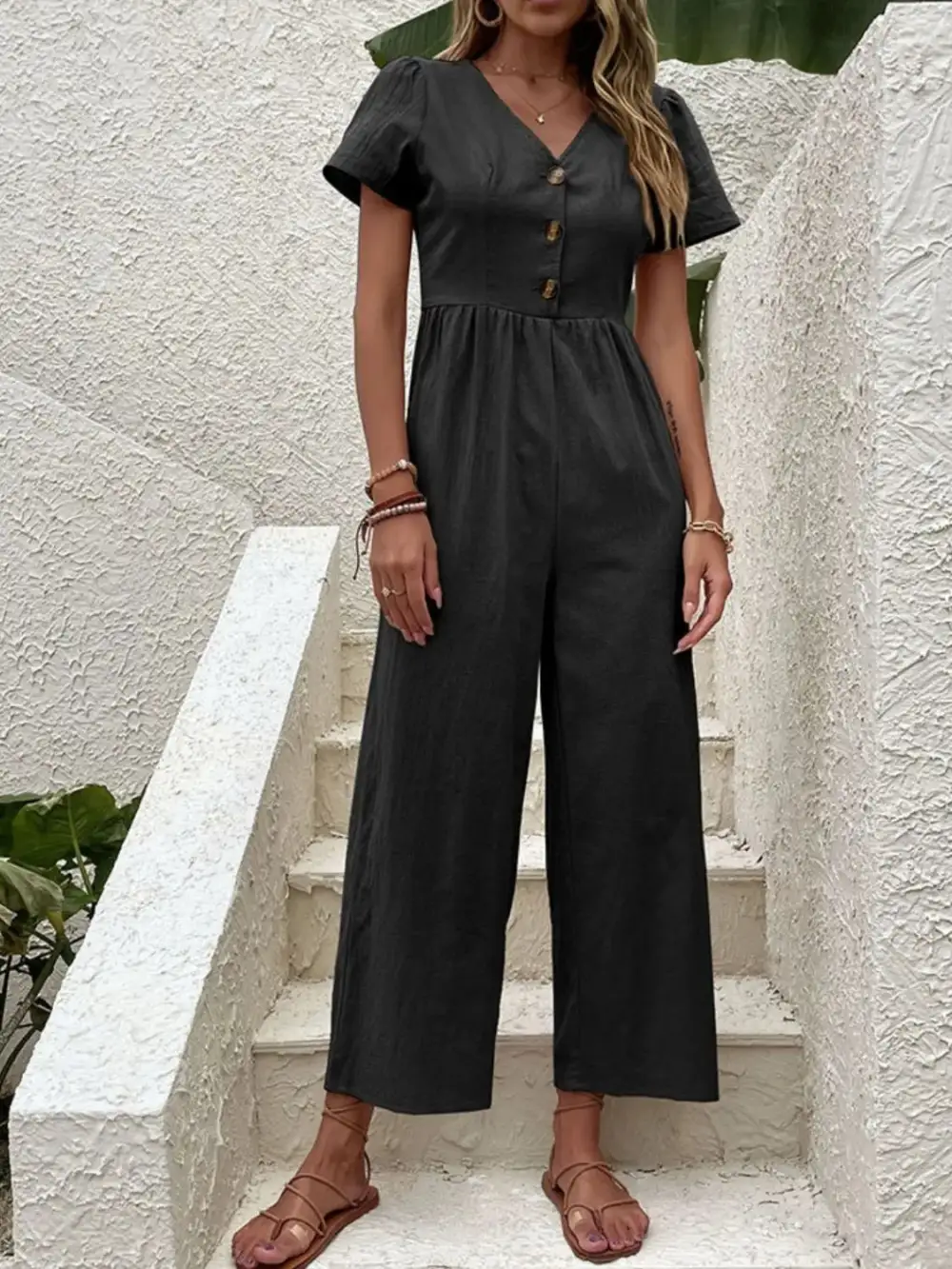 V Neck Short Sleeve Wide Leg Shorts