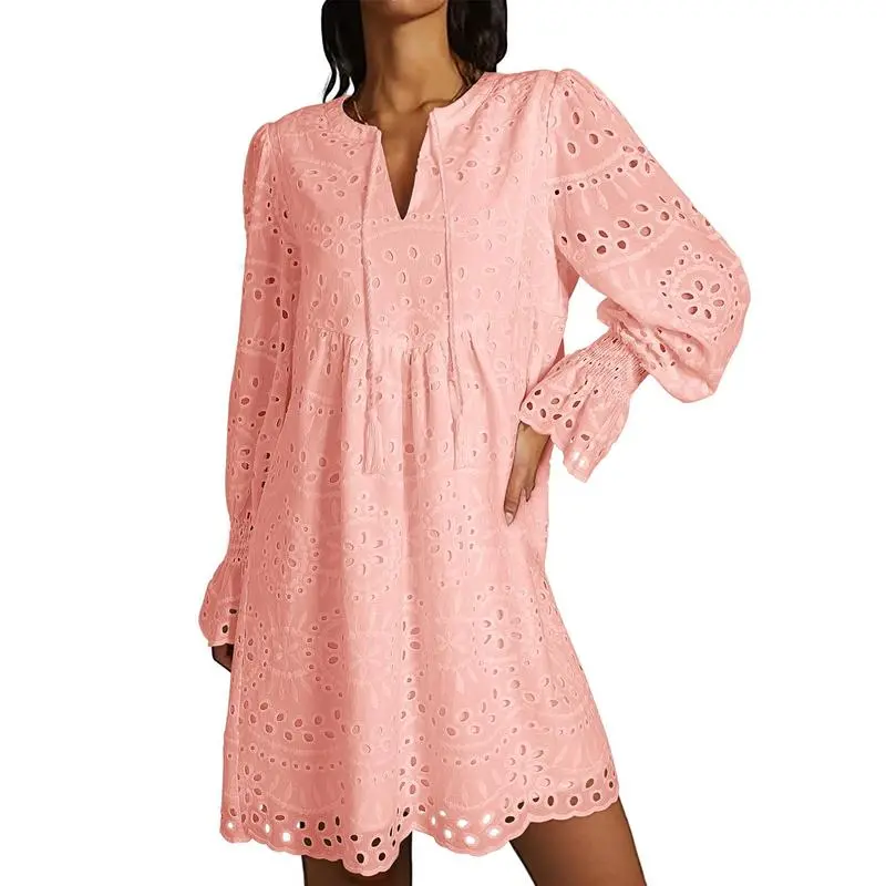 Women's 2025 Casual Dress Tassel V Neck Long Sleeve A Line Hollow Out Lace Ruffle Above Knee Dress, 100% Cotton, Comfortable Fit