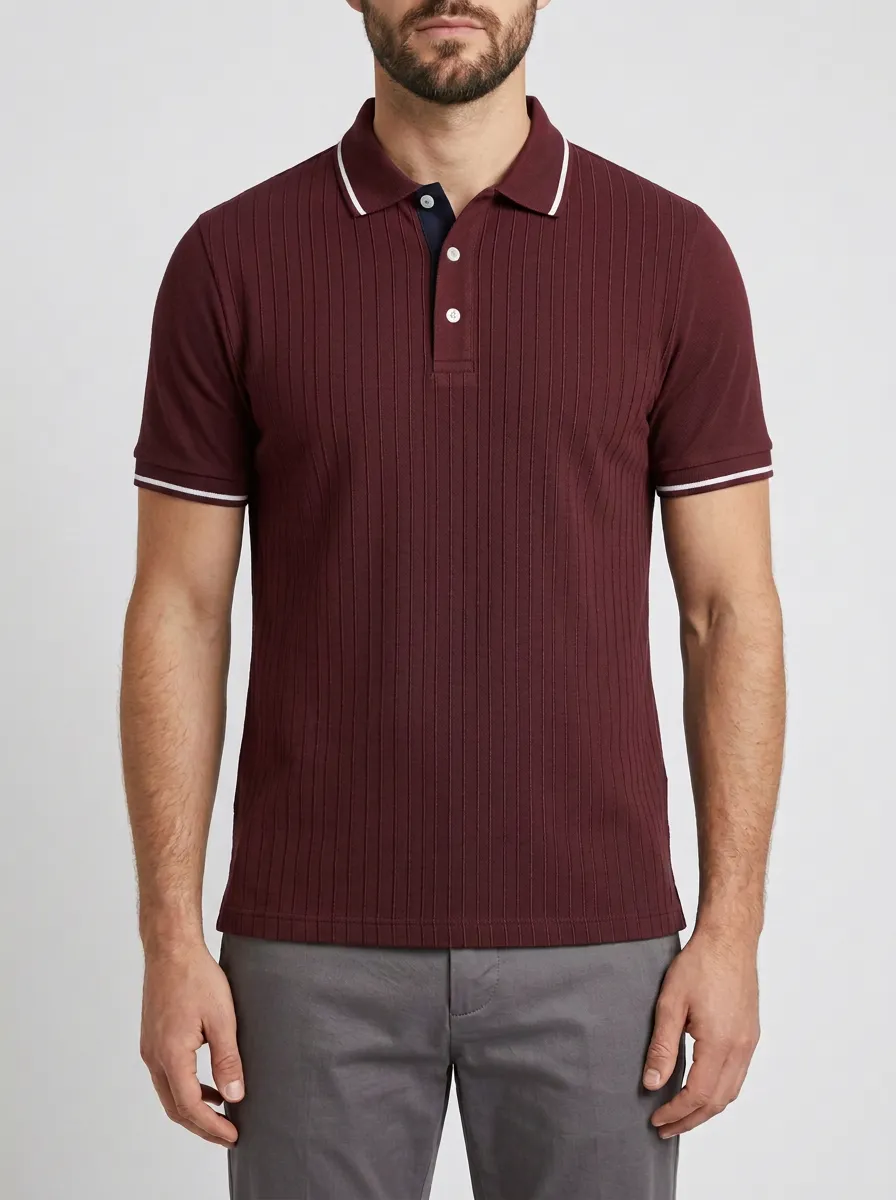 Men's Navy Blue Vertical Ribbed Pattern Printed Polo Shirt