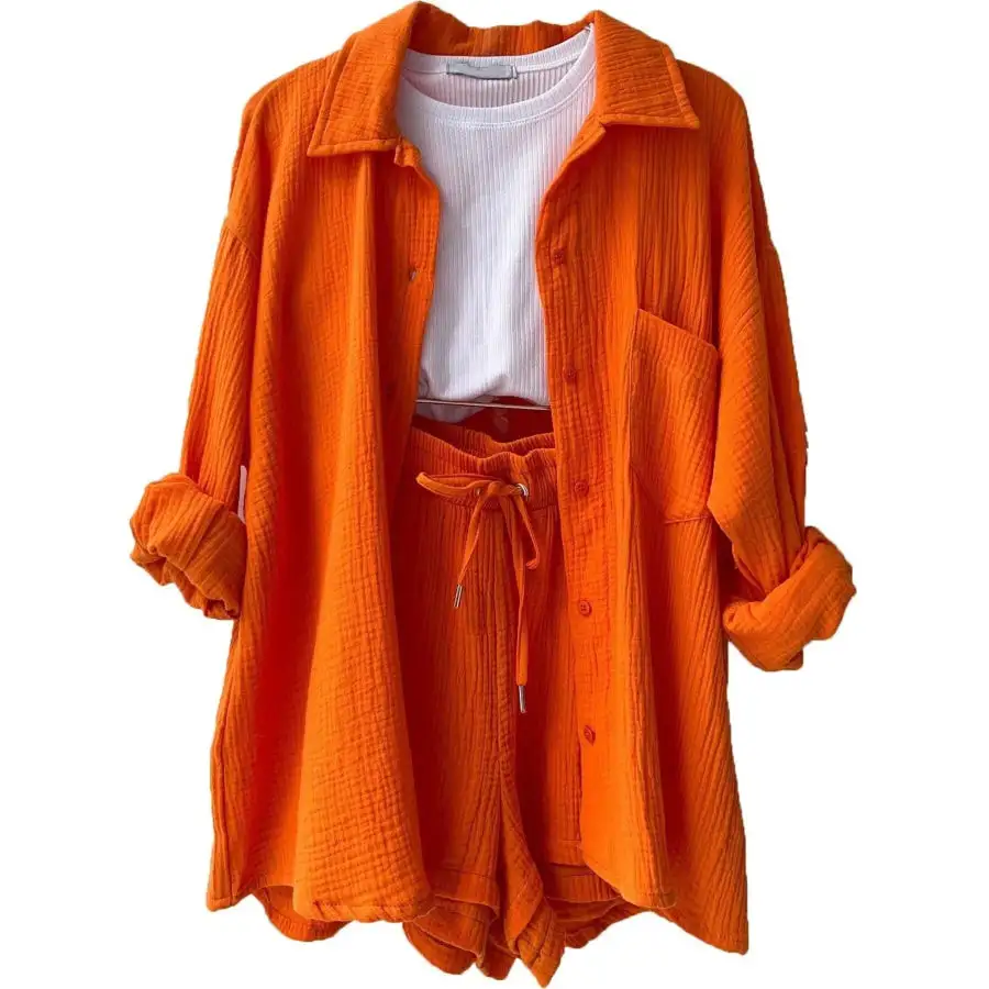 Relaxed Textured Button Up Shirt and Shorts Set