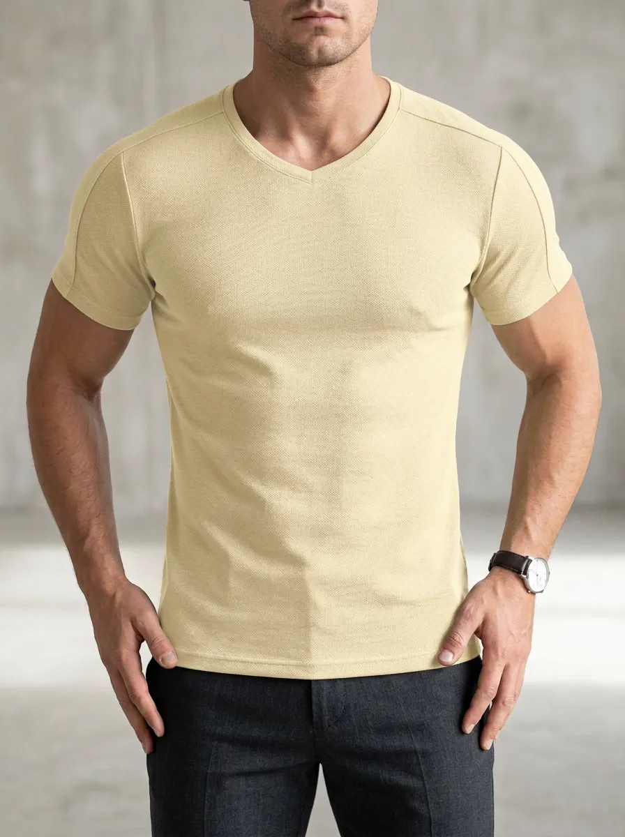 Streamlined Textured V-Neck Casual Look Men's Slim Fit Short Sleeve T-Shirt
