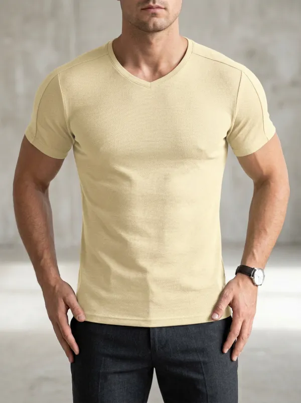 Streamlined Textured V-Neck Casual Look Men's Slim Fit Short Sleeve T-Shirt