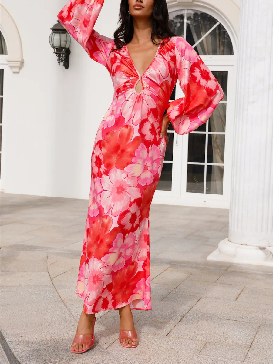 Print Balloon Sleeve Maxi Dress