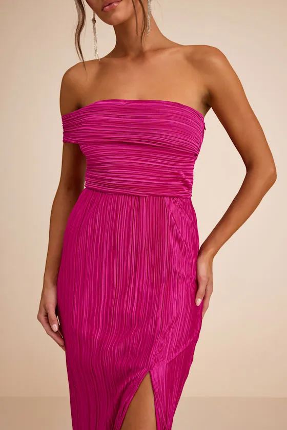 Poised Performance Fuchsia Plisse One-Shoulder Maxi Dress
