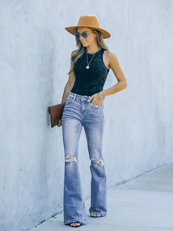 High Waist Flare Leg Ripped Denim Jeans