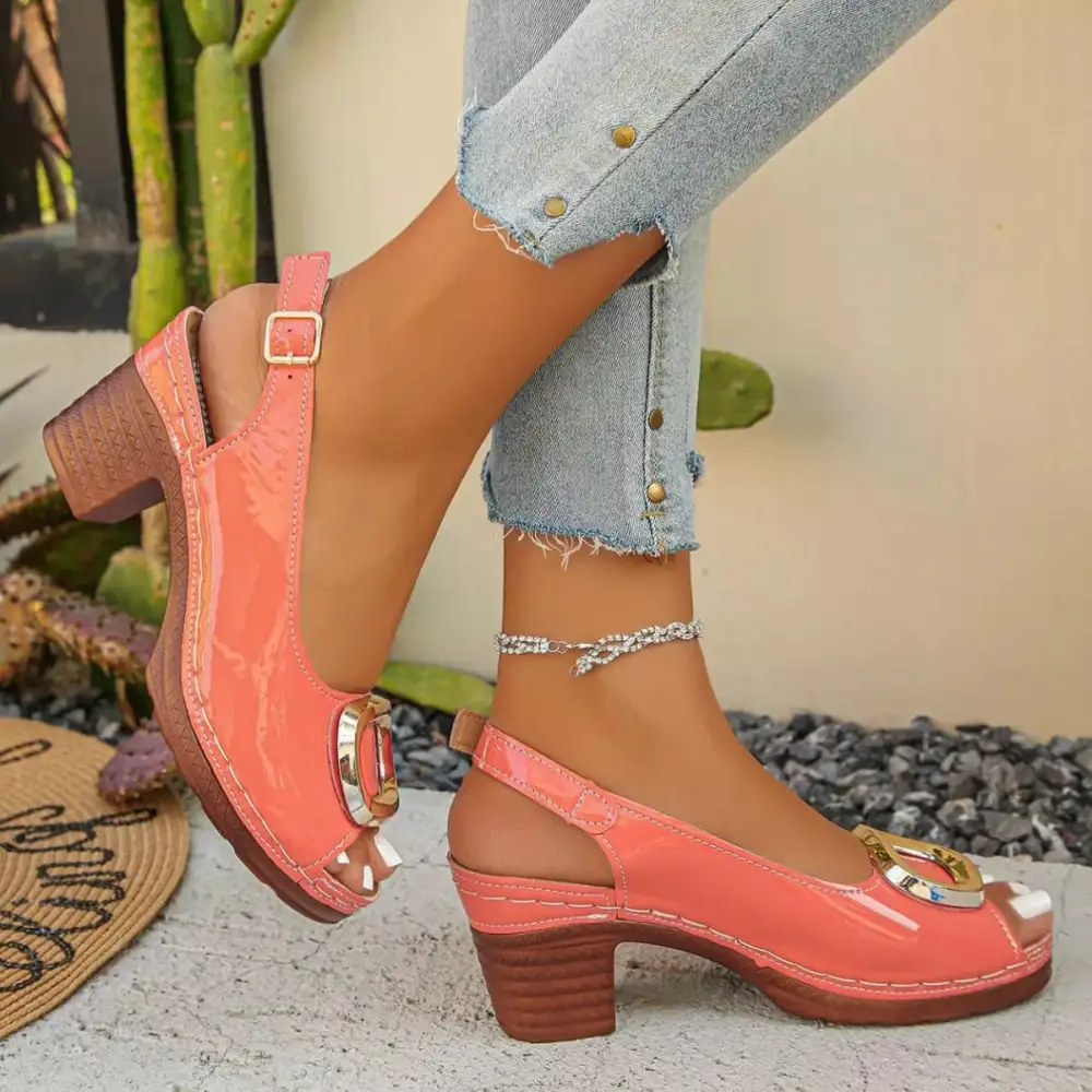 Textured Peep Toe Block Heel Sandals