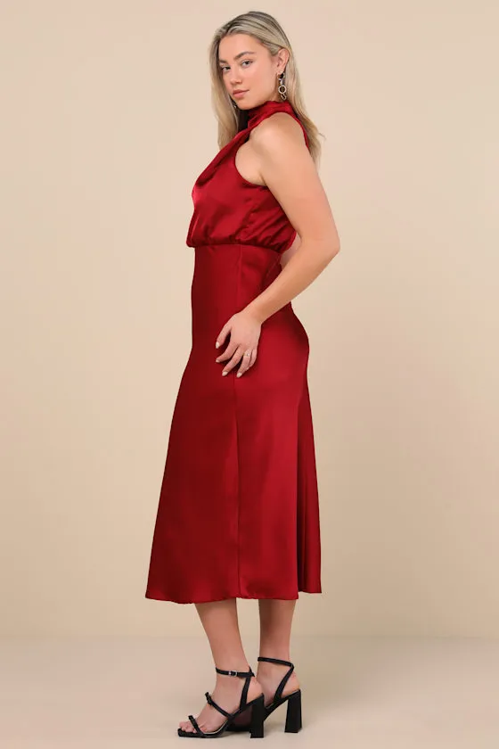 Distinctive Charm Red Orange Satin Asymmetrical Midi Dress