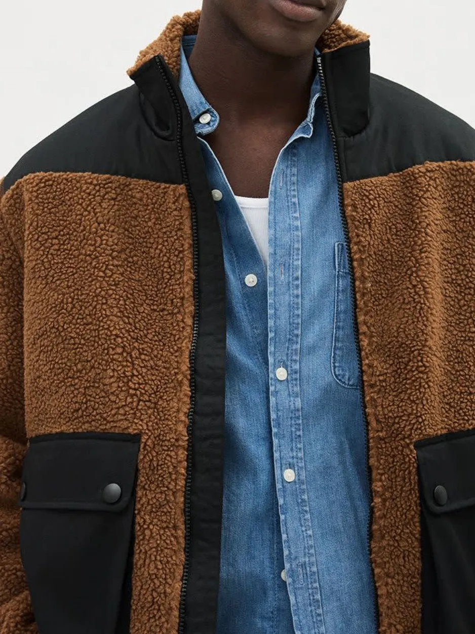 Brown And Black Long-Sleeve Fleece Cardigan