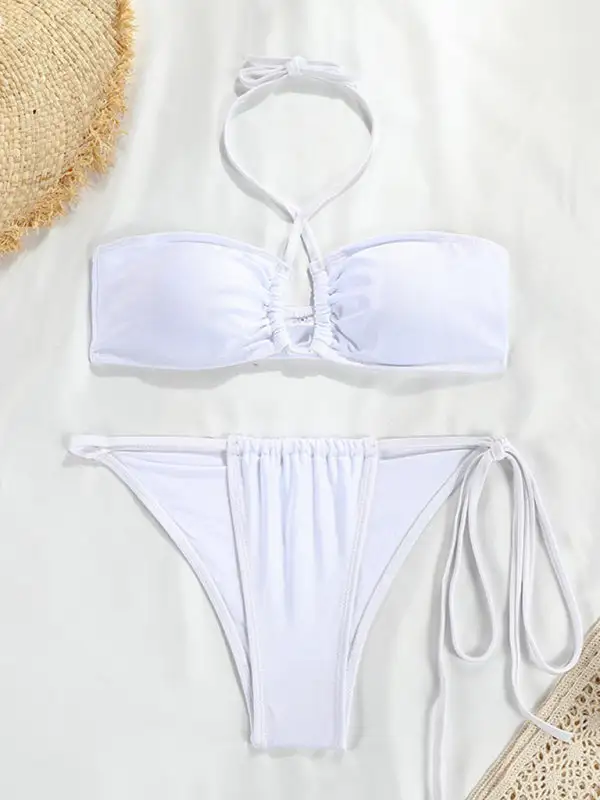 Polka Dot Print Split Bandeau Bikini Swim Set