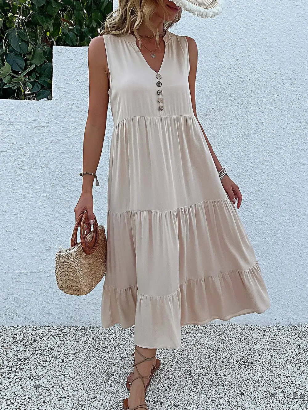 Notch-Neck Buttoned Sleeveless Tiered Midi Dress