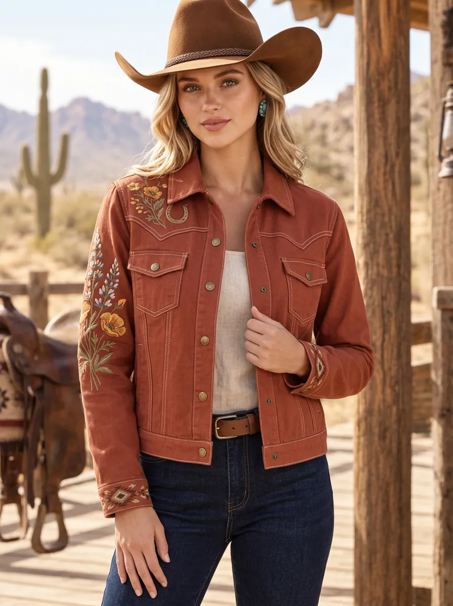 Women's Western Cowgirl Horseshoe Horse Floral Embroidered Jacket