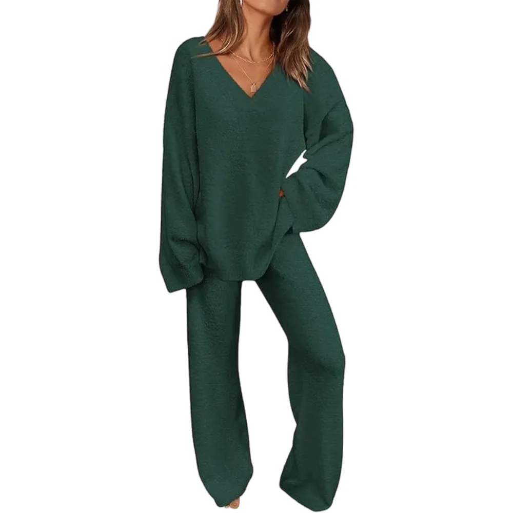 Women's 2-Piece Lounge Set Soft Chunky V Neck Tops& Wide Leg Long