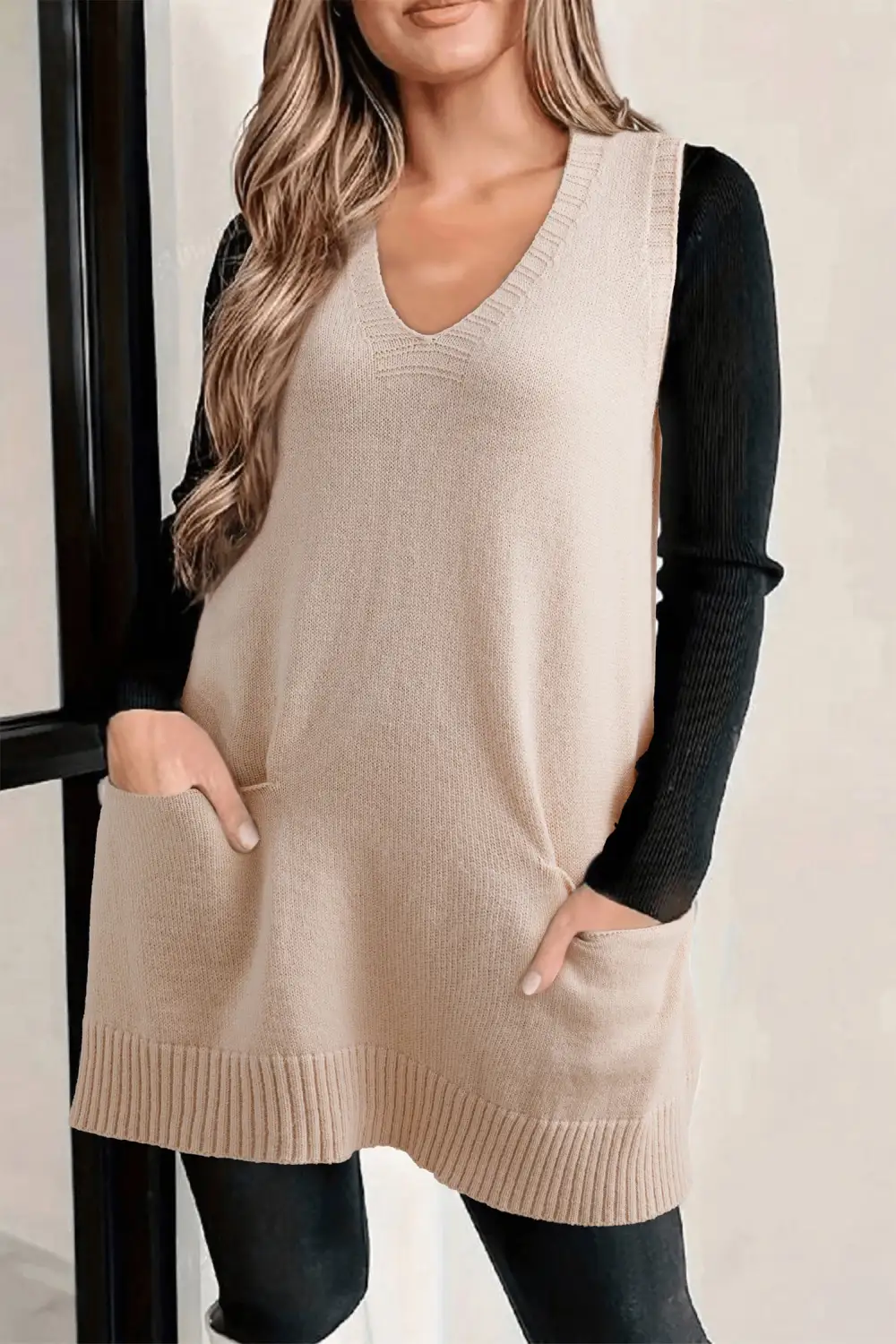Ribbed Deep V-Neck Front Pocketed Relaxed Tunic Sweater Vest