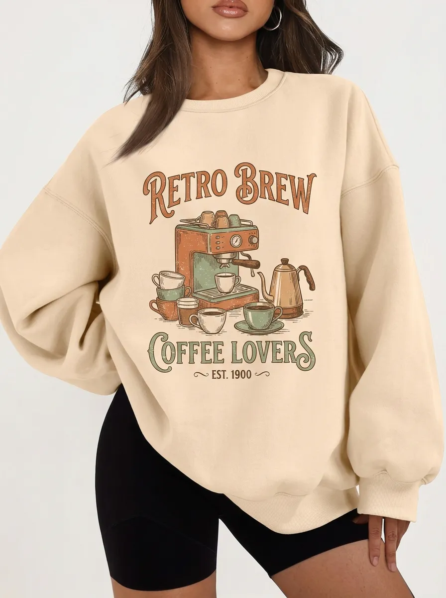 Women's Coffee Lover Retro Brew Espresso Machine Printed Sweatshirt