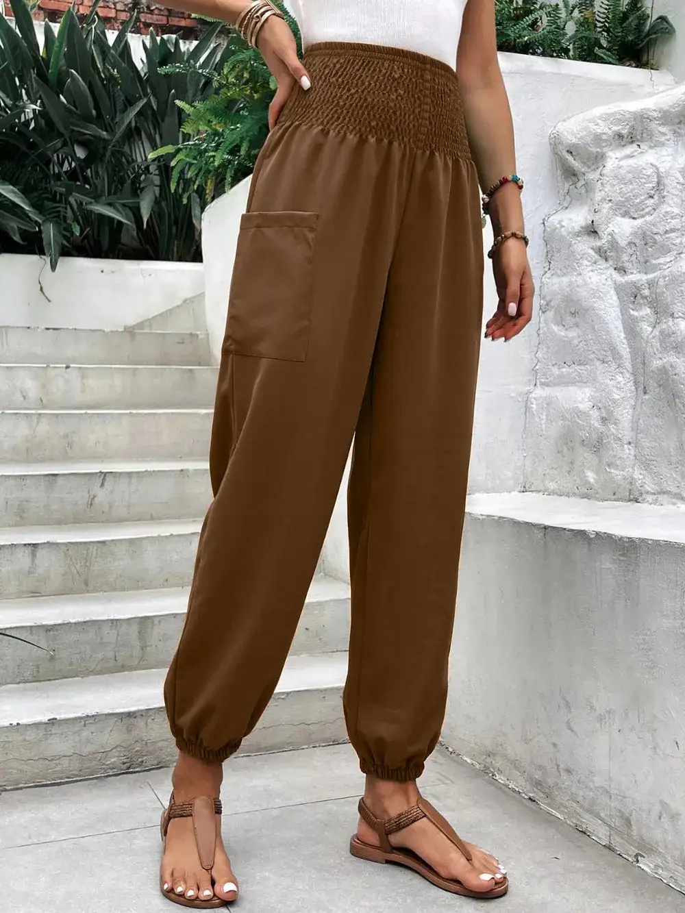 Relaxed Smocked High Waist Pants