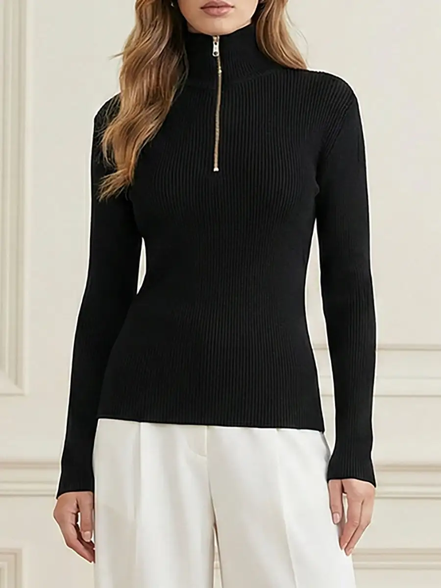 Zip Detail High Neck Long Sleeve Slim Fit Pullover Sweater