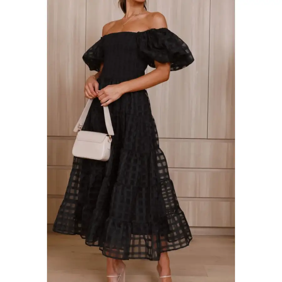 Off Shoulder Short Puff Sleeve Midi Dress