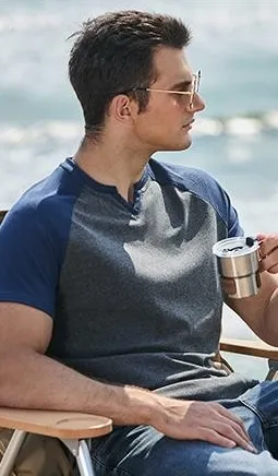 Mens Muscle Slim T Shirt V-Neck Henley