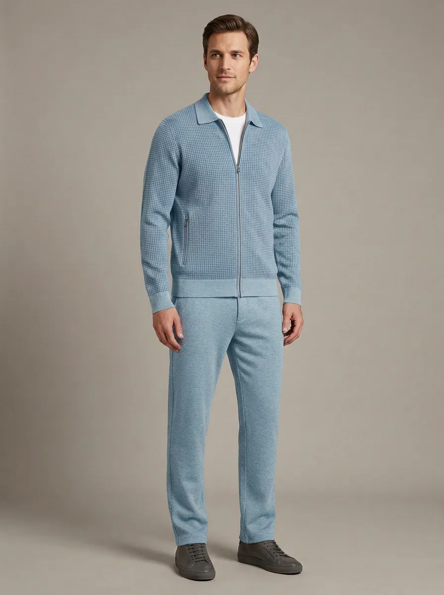 Men's Modern Houndstooth Zip-Up Polo Collar Jacket and Jogger Pants Set